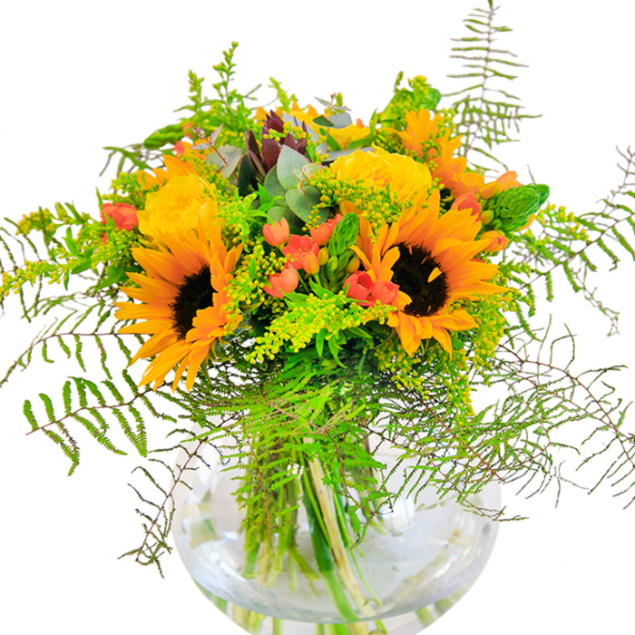 This outstanding bouquet delivers a burst of sunshine to any room, channeling the lively pulse of New Cross's creative neighborhoods. Towering sunflowers, laden with deep brown centers and radiant yellow petals, create a striking focal point, echoing the expanse of green spaces like Eckington Gardens. Set amongst them are rosette-like yellow garden roses, their petals curled tightly within exquisitely symmetrical spirals, offering an elegant classical note. Carefully interspersed, sparkling clusters of bright red Hypericum berries gleam like tiny jewels, animated against the dominant yellows and rich green foliage. The botanical tapestry is woven further with delicate fern fronds-soft, feathery, and almost weightless-paired with sprigs of goldenrod whose airy yellow florets infuse the design with lightness and movement. Subtle touches of eucalyptus lend a silvery-blue sheen to the edges and release faint herbal notes, evoking the freshness of a local flower stall near New Cross Station. All are artfully set in a pristine, rounded vase, where the submerged green stems create a translucent patchwork beneath the surface, amplifying the arrangement's organic vibrancy. Sunlight streams over the bouquet, lifting the yellow and red hues into full brilliance-the scents and sights together suggesting celebration, optimism, and the communal spirit that defines New Cross.