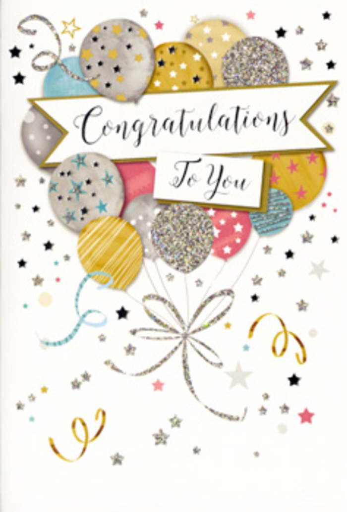 In this richly decorated congratulations card, the artwork unfolds like a gentle celebration you might host in a New Cross flat after a big achievement. The central image is a tight, upward-reaching cluster of balloons, their rounded forms overlapping like layered petals. The colours are soft yet luminous-muted gold, cool silver, champagne beige, sky blue, delicate blush pink, and dove grey-each balloon subtly individualised with star-spangled accents, fine glitter dusting, or slender bands of metallic stripes. The way the highlights are drawn on their surfaces suggests a soft, even light, as though the balloons are floating near a window looking out toward New Cross Gate. From the base of this cluster, slim, curling ribbons fall in loose, elegant loops, rendered in metallic gold and silver that twist and dance visually across the lower portion of the card, lending a sense of motion much like trailing ribbon on a freshly tied bouquet. Cutting gracefully through the middle is a banner that carries the words Congratulations To You in refined, looping script, the letters flowing together in a style that feels both traditional and warmly personal. Around this central composition, the background remains a gentle, pale tone, scattered with tiny stars, confetti flecks, and spiralling accents that give the impression of lighthearted festivity without overwhelming the eye. The arrangement of colours and shapes is as carefully balanced as a professional floral design crafted in a New Cross studio, with repetition and contrast used thoughtfully. The card seems ideal for celebrating milestones such as graduations, promotions, or personal triumphs, especially when paired with seasonal flowers that echo its soft metallic and pastel hues.