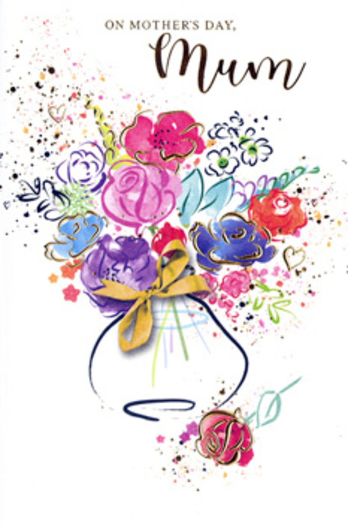 On this Mother's Day card, a lively watercolour bouquet seems to burst from a gently curved vase, echoing the creative spirit often felt around New Cross's independent cafes and studios. The flowers are painted with sweeping, confident strokes: hot pinks and cerise blossoms bloom at the centre, their petals accentuated with deep indigo outlines that add depth while preserving a soft, handmade feel. Shades of lavender and cool blue thread through the arrangement, tempering the intensity and suggesting the calm of an early walk through Telegraph Hill's greenery. Notes of apricot and golden peach appear here and there, layered like sunlight filtering across petals in a South London garden. Fine, shimmering gold lines skim the edges of petals and leaves, giving the bouquet a subtle glow, as if the flowers are gently backlit. Around the main cluster, playful splatters of paint and small heart icons float against a pale, spacious background, recalling the joyful mess of crafting a card at the kitchen table with children nearby. The vase itself is stylised and simple, gently tapering towards a base wrapped with a golden bow that hints at the care put into a hand-tied bunch prepared for same-day delivery across New Cross and neighbouring streets. The composition feels like a florist's sketch translated into a finished artwork, brimming with gratitude and tender admiration. In its colour, movement, and glimmering detail, this card captures the warmth of saying thank you, Mum in a way that is both artistic and deeply personal.