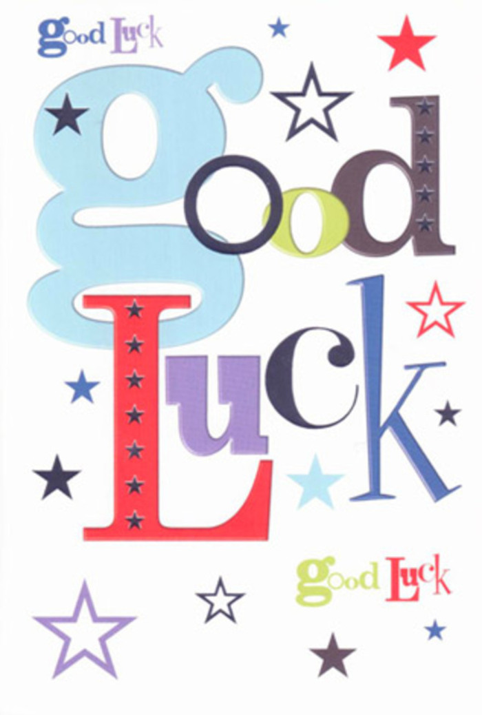 This luck-themed card is shown laid flat, captured under gentle, even light that makes the colours glow without glare, like a bright shop window along New Cross Road on a clear morning. At its heart, the phrase Good Luck stretches broadly across the white card, each letter a character in its own right. One is a wide, pastel blue shape that feels almost cloud-like; another, a slender stroke of midnight black; then a lively red, a grounded moss green, and a deep, velvety purple, all playing off each other like mismatched yet perfectly coordinated ribbons on a celebratory bouquet. The fonts vary from chunky and friendly to neat and refined, giving the words a sense of movement, as if the card is quietly cheering from the sidelines for someone about to take a brave step. Scattered across the remaining white space are clusters of stars, tiny to medium-sized, in tones of navy, indigo, sky-blue, lilac, and soft lavender. Some stars are sharply printed, others appear softer, almost transparent, like distant pinpricks of light above the rooftops between New Cross Gate and Brockley. This mix of bold and subtle shapes creates a dreamy, hopeful atmosphere, as if luck itself were written in the constellations. The crisp cardstock looks smooth to the touch and slightly thick, suggesting a reassuring weight when you hold it, the way a thoughtfully chosen card feels solid in your hand before you slip it alongside a bouquet. The design has a clean, modern layout, letting the typography and stars shine without clutter, making the whole card feel like a small talisman of encouragement, ready to travel with someone on an exam day, a first shift, or a new adventure beyond New Cross.