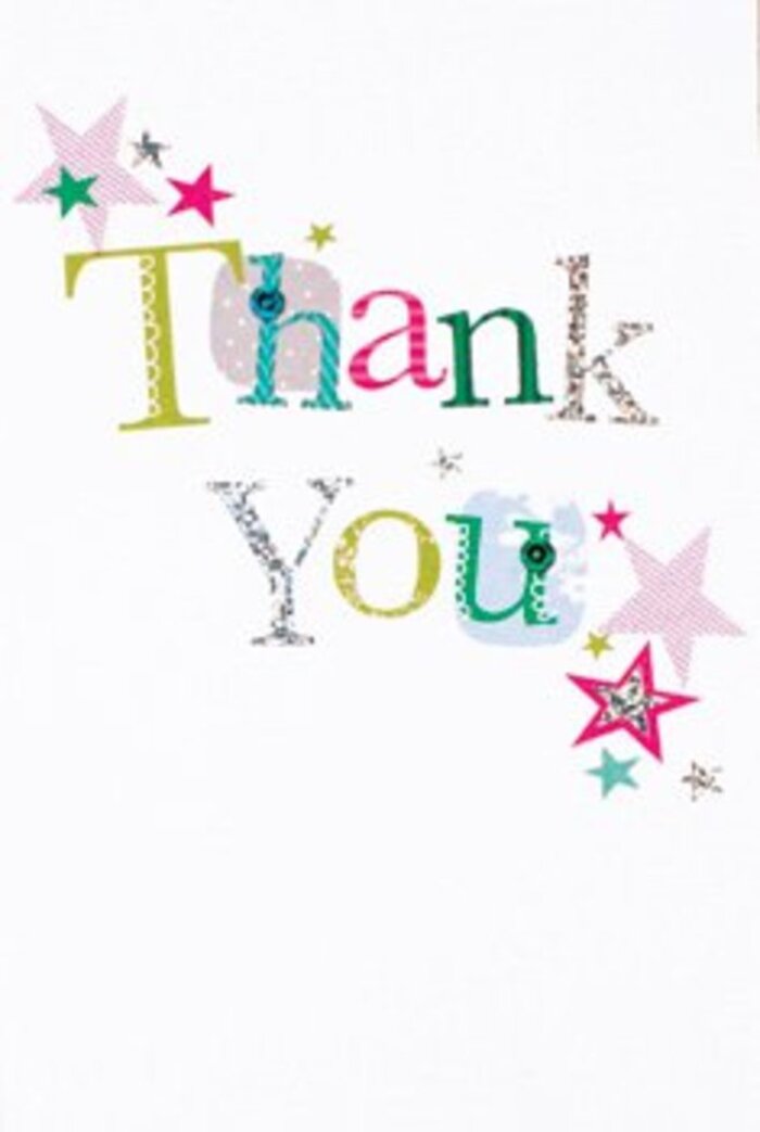 Quiet exuberance radiates from this thank you card, a graceful fusion of simplicity and playfulness that mirrors the creative heart of New Cross. The letters of 'Thank You' dance across a pristine white stage, each bringing its own flair: whimsical spots, gentle curves, and occasional shining stripes of metallic silver. Vibrant stars cluster in proximity, some dressed in sparkling pink or deep turquoise, others brushed with silvery luminance, bestowing an air of good fortune-like the supportive atmosphere familiar at local art studios along Amersham Vale. There's a spacious modernity to the layout, as if the very arrangement invites open-hearted appreciation-a quality perfected by New Cross's community-driven spirit. The composition feels universally warm, never imposing, and would undoubtedly pair beautifully with a fresh, thoughtfully designed bouquet. This is a card to grace any occasion, from a thank you for help moving flats near Telegraph Hill to a celebration among friends at the local pub. As a New Cross florist, I recognize in its textures and hues the same thoughtful touches I add to each arrangement: a sincere, lasting token meant to brighten someone's day just as fresh flowers might.