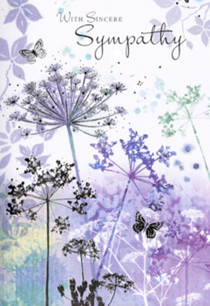 This sympathy card carries a tranquil, meditative beauty, like a quiet walk through one of New Cross's hidden green corners after the rain has passed. Slender, slightly curved wildflower stems rise elegantly from the base of the design, each crowned with intricate umbel-shaped flower heads that resemble tiny clusters of lace suspended in mid-air. The blooms are painted in layered tones of violet, lavender, and soft blue, with hints of silvery green that add depth without heaviness. Details are finely suggested: tiny dots and strokes hint at multiple florets, while the edges of the petals feather out, creating a gossamer effect similar to dew-softened foliage in the first light of morning. Behind them, the background dissolves into a gentle blur of cool purples and grey-greens, a watercolour haze that avoids any solid horizon, giving the sense that the flowers are floating in quiet space. Two or more butterflies drift softly above the blooms, their wings semi-transparent and delicately shaded, suggesting hope, continuity and the gentle transition from one chapter of life to another. The lighting feels diffuse, like overcast daylight along Clifton Rise, where everything is softened and slowed. As with a carefully arranged condolence bouquet prepared for a local family, nothing in this artwork is loud or demanding. Instead, it offers a visual invitation to pause, breathe, and remember. It is more than a simple card; it is a small sanctuary of colour and form, crafted to hold someone's grief with tenderness and respect.