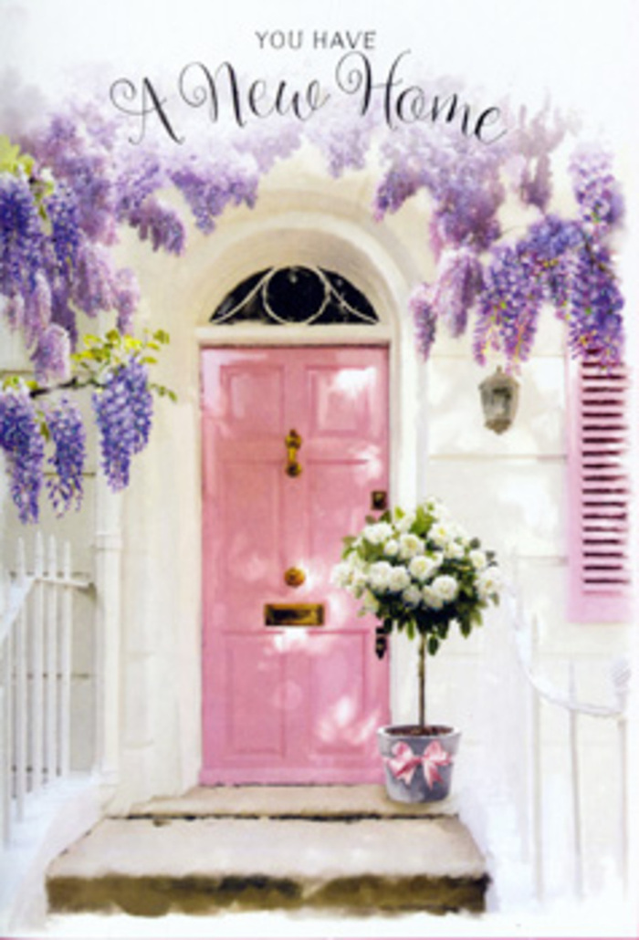 This photograph paints a quietly cinematic picture of a New Cross doorway, suffused with pastel tones and the emotion of new beginnings. At the centre, a wooden door has been painted a flattering shade of pink, more whisper than shout, so that it reads as calm and reassuring rather than overly bright. The paint appears fresh yet not glossy, hinting that someone has recently taken care to refresh this threshold, perhaps in anticipation of moving in. The surrounding wall is whitewashed, its slightly rough texture catching threads of light and shadow, much like the frontage of older properties tucked away on the side streets off Queens Road. To one side, a single blush-coloured shutter is propped open, echoing the door's hue and helping to frame the scene. High above and cascading downwards, wisteria blooms pour over the top of the frame in generous lavender curtains. Each trailing stem is laden with countless small flowers strung together like delicate beads on a necklace, and their soft purple tones contrast gracefully with the pink of the door and the warm white of the wall. At ground level, a simple grey bucket takes on an elevated role as a vessel for a lush arrangement of white and cream roses. These roses are full-blown and romantic, their petals forming intricate rosettes and layered cups, some centres still tightly swirled while others have begun to open fully. Interspersed among them, green foliage in fresh, leafy tones provides structure and a hint of garden wildness. A pink ribbon tied around the bucket creates a visual echo of the door and shutter, its bow slightly off-centre in that artfully effortless way a skilled florist achieves. The light seems soft, as though filtered through late afternoon clouds, casting gentle shadows along the step and accentuating the curves of each petal. There's an emotional warmth here: you can imagine someone unlocking this New Cross door for the first time, pausing to take in the unexpected beauty of the flowers, and feeling an immediate sense of welcome, comfort, and the distinct possibility of happiness in this new space.