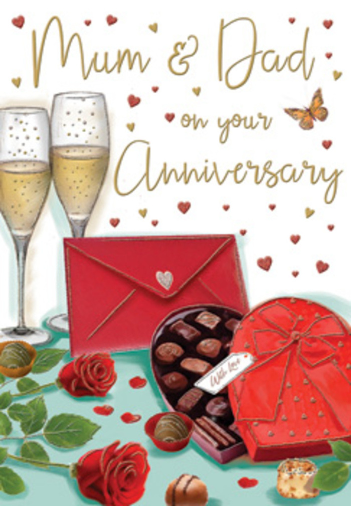 Detailed anniversary card illustration presenting a romantic tableau that could easily be imagined in a New Cross flat after a thoughtful delivery arrives. The focus is a small celebration table, where two tall champagne flutes stand gently touching, each filled three-quarters with pale golden sparkling wine. Countless tiny bubbles float upward, catching the light as though lit by candles just out of frame. In front of the glasses rests a heart-shaped box of chocolates, the base a deep red and the lid slightly open, revealing rows of perfectly rounded truffles, each one shining with a soft, chocolatey gloss. A luxurious scarlet ribbon wraps the box, gathered into a full, elegant bow whose satin loops curve gracefully outward. To one side lie two rich red roses, their velvety petals tightly layered yet slightly open, framed by natural green foliage that recalls the fresh stems a local florist would select for an anniversary bouquet in New Cross, perhaps for a home near Goldsmiths or along Queen's Road. A few chocolates have rolled loose onto the tabletop, adding a relaxed, indulgent note. Scattered across the scene are small hearts in crimson and metallic gold, drifting like confetti and guiding the eye toward a warm, hand-lettered message for Mum & Dad. A bright red envelope, neatly sealed with a petite heart emblem, suggests a personal, handwritten dedication filled with gratitude and family memories. The whole composition glows with a soft, ambient warmth, evoking the comfort of an intimate evening indoors, where roses, chocolate, and champagne mark another year of shared life, laughter, and love in New Cross.
