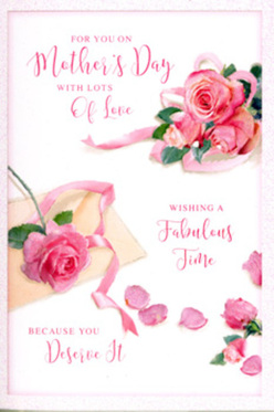 The Mother's Day card in this scene resembles a still life that a New Cross florist might lovingly assemble before opening the shop for morning deliveries. Its surface is a gentle, clean white, providing a soft canvas for an arrangement of pink roses that sweep diagonally across the design. The roses vary in size and tone, from small, tightly clustered buds to fuller blossoms with ruffled, open petals that curl outward in lush waves. Their shades shift from light blush near the edges to a more saturated pink at the heart of the blooms, giving a sense of depth and richness reminiscent of roses glowing in the late afternoon light over Fordham Park. Scattered around the main clusters are individual petals, some resting close to the flowers, others drifting toward the edges of the card as if settling slowly after a quiet movement. A pale, satin-like ribbon weaves among the roses, looping in gentle arcs that echo the rhythm of the hand-lettered greeting printed across the card. The script feels warm and personal, with sweeping strokes that suggest a note written in a cherished notebook at a café along New Cross Road. Soft, even lighting creates delicate shadows under the roses and ribbon, bringing subtle dimension so the elements appear almost to float above the card. A hint of green foliage peeks between the petals, adding just enough contrast to keep the palette fresh without overpowering the pinks. The overall mood is peaceful, tender, and celebratory-a paper bouquet that quietly honours all the care, patience, and love a mother gives, ideal to accompany Mother's Day flowers being delivered across New Cross and neighbouring streets.