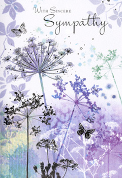 The illustration on this sympathy card feels like a soft exhale, reminiscent of the quiet that settles over New Cross's residential streets at dusk. Fine, willowy stems rise from the bottom, each bearing a cluster of lace-like, umbelliferous flowers in cool tones of violet, blue, and smoky green. The blossoms are painted with a light touch, their petals only partly defined so they seem to blur into the soft watercolour washes around them, as if seen through early-morning mist rolling in over Fordham Park. The background is a blend of muted purples and grey-greens, gently diffused, with no harsh lines-just a serene, cloud-like field that allows the flowers to drift in and out of focus. Between the stems, delicate butterflies hover, their wings faintly outlined and tinted in subtle, harmonious hues, suggesting the presence of loved ones and the quiet resilience of the human spirit. As a florist accustomed to creating condolence bouquets for services in and around New Cross, I recognise in this design the same intention: to offer comfort without intruding, to hold space for grief rather than rushing it. The overall impression is tender and contemplative, like standing still beneath the trees near Goldsmiths while the sounds of the city soften in the distance. The muted palette and airy forms evoke calm, compassion, and gentle support, making this card a thoughtful accompaniment to a sympathy arrangement delivered to a family home or funeral service across SE14.