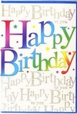 This birthday card feels like a slice of celebration ready to be shared in New Cross, much like the first glimpse of a colourful bouquet being carried down New Cross Road. Dominating the design, the phrase Happy Birthday stretches across the front in generously proportioned letters that demand attention without shouting. Each letter wears its own colour while gently blending into its neighbours, creating a sweeping rainbow gradient. At one end, deep reds and ruby tones melt into pinks and flame-like oranges; these shift into rich yellows and spring greens before giving way to turquoise, sky blue, and velvety indigo and violet. The transition is smooth and fluid, evoking the artistry of a florist arranging blooms so that each shade leads naturally to the next. The type has a friendly, rounded quality, giving the text a buoyant, almost floating feel. Behind the main letters, the background is filled top to bottom with an elegant golden cursive that repeats Happy Birthday to you like a gentle refrain. The script is fine and meticulous, and the gold ink shimmers softly whenever light glances across it, akin to the glint of metallic ribbon wrapped around a gift or bouquet. Here and there, minute sparkling flecks add an extra layer of festivity, suggesting a light dusting of glitter or foil highlights. The overall look is warm, modern, and full of joy-a card that would sit beautifully beside fresh flowers delivered across New Cross, turning an ordinary birthday greeting into something that feels thoughtfully chosen and thoroughly celebratory.