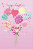 In this softly enchanting birthday design, a floating bouquet of balloons and flowers becomes the heart of a celebration that could be taking place anywhere from New Cross Gate to a gathering near Telegraph Hill. The background is a calm, blush-pink wash, setting a soothing, festive tone. Rising from the base, pastel balloons drift upward, playful yet elegant. Each carries its own distinct charm: some are wrapped with candy-like stripes, others dotted with cheerful spots, while a central heart-shaped balloon glows gently, symbolising affection and warm birthday wishes. The colours-rosy pink, cool sea green, gentle yellow, and lavender-blend with the ease of watercolour strokes, giving the scene a soft, dreamy atmosphere. At the bottom, a compact, hand-tied bouquet anchors the image. Roses and anemone-style blossoms in ivory, blush, and mauve cluster together, their petals delicately layered and full, as though freshly arranged in a New Cross florist studio. A rich purple satin bow gathers the stems in a neat bundle, with a subtle shimmer that hints at thoughtful craftsmanship. Scattered around the composition are tiny stars and fluttering butterflies, which add movement and a touch of fairy-tale magic, like wishes drifting through the air. Gentle, even lighting gives a quiet glow to the balloons' sheen and the flowers' natural texture. The overall effect is one of light-hearted festivity and tenderness-a birthday bouquet translated into illustration, ready to brighten someone's day in New Cross with colour, charm, and a sense of being truly celebrated.