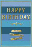 This birthday card offers a calm, contemporary expression of celebration, perfectly suited to accompany a bouquet delivered to a New Cross flat overlooking the bustle of New Cross Road. Its background is made up of wide blue stripes laid horizontally, each band subtly different in tone, moving from deep, almost midnight blue at the top through teal and ocean shades to soft, pale blue at the bottom. The gentle gradient resembles the sky shifting across the day, giving the card a soothing, expansive feel. Centred on this layered backdrop, the greeting HAPPY BIRTHDAY is embossed in large, elegantly spaced gold capitals. The metallic foil shimmers softly, reflecting light rather than glaring, and appears slightly raised, suggesting a premium, tactile finish. Just beneath the main text, a decorative golden flourish runs gracefully from side to side, adding a hint of classic, swirling ornament. Below this, three tidy gold banners are stacked vertically, each ribbon carrying a portion of the warm message: Relax, have a great day and enjoy! The banners share the same rich gold tone as the lettering and contribute a structured rhythm to the lower part of the design. Around the entire card, a slim gold border frames the composition, completing the look with a picture-like finish. The contrast between the matte, velvety blues and the glossy, embossed gold gives the impression of smooth, substantial card stock that feels satisfying to hold. Imagined on a side table near New Cross Gate, beside freshly delivered birthday flowers, this card's gentle colours and thoughtful wording invite the recipient to pause, unwind, and fully enjoy their special moment.
