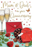 Heartfelt anniversary card design that captures a moment of celebration for parents, as if set on a table in a New Cross home minutes before the family gathers. The illustration shows two tall champagne flutes standing close together, their clear glass brimming with pale golden fizz. Tiny bubbles rise in shimmering trails, frozen at the instant before a toast. Positioned at the front is a heart-shaped box of chocolates, richly coloured in deep red, its lid tipped open to expose a neatly arranged selection of glossy truffles, each one nestled carefully in place. A wide scarlet satin bow wraps around the box, tied in generous, soft loops that suggest time and care have gone into the gift. Resting near the box are two luxurious red roses, their petals velvety and full, encircled by polished green leaves that resemble the fresh, well-conditioned stems chosen daily by experienced florists around New Cross. A couple of chocolates have rolled free across the tabletop, hinting at shared indulgence and relaxed conversation. Floating across the background are small hearts in crimson and muted gold, like confetti swirling gently in the air, directing attention toward a loving, hand-lettered greeting addressed to Mum & Dad. A matching crimson envelope lies nearby, sealed with a tiny heart, suggesting a handwritten message of appreciation tucked just inside. The soft, glowing light across glass, petals, and ribbon creates a mood of warmth and intimacy, evoking an anniversary evening near Telegraph Hill or Deptford, where the simple combination of roses, champagne, and chocolate becomes a tender tribute to the years Mum and Dad have spent side by side.